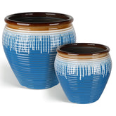Worth planter front view showing blue-glazed finish and elegant design benefit visual appeal