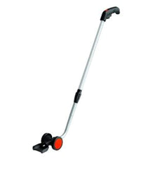 WORX extension pole front view showing wheel support and ergonomic benefit