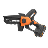 WORX mini chainsaw front view showing compact design and ergonomic grip for control