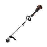WORX WG186 front view showing 15-inch dual-exit head and ergonomic shaft for easier trimming
