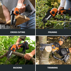 WORX WG324 close-up of bar and chain highlighting fast smooth cuts