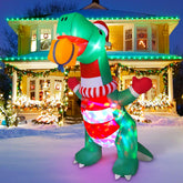 Wothfav dinosaur front view showing festive hat and gift — attracts attention