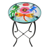 wotieuns front view patio side table showing colorful dragonfly top and stable metal base