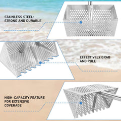 Woxnoc rake in use on beach with person standing, reduces bending and speeds sifting