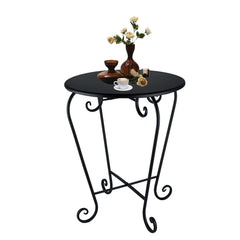 Wtiujhg front view of black patio side table showing sleek silhouette and durability
