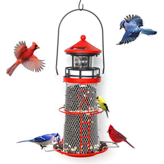 WTREEW feeder front view showing red lighthouse design and easy-access tray