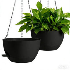 WUCEIAUU front view of two black 13-inch hanging planters showing sleek finish and shape