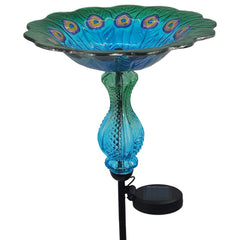 WUFEILY front view of peacock glass birdbath, eye-catching garden focal