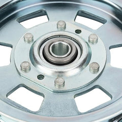 Xiaoyudou idler pulley installed on mower deck demonstrating correct fit and improved belt tracking