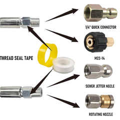 Xiny Tool five sewer jetting nozzles lined up, offering targeted solutions for different clogs