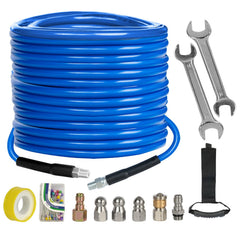 Xiny Tool front view of full sewer jetter kit showing included nozzles and hose, ready to use