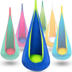 Y- STOP front view of pod swing showing cozy cocoon and bright blue-green colors for calming play
