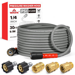 YAMATIC front view of 30ft hose showing connectors and packaging benefit easy replacement