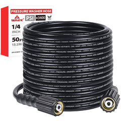 YAMATIC pressure washer hose front view showing 50 ft length and fittings, durable reach benefit