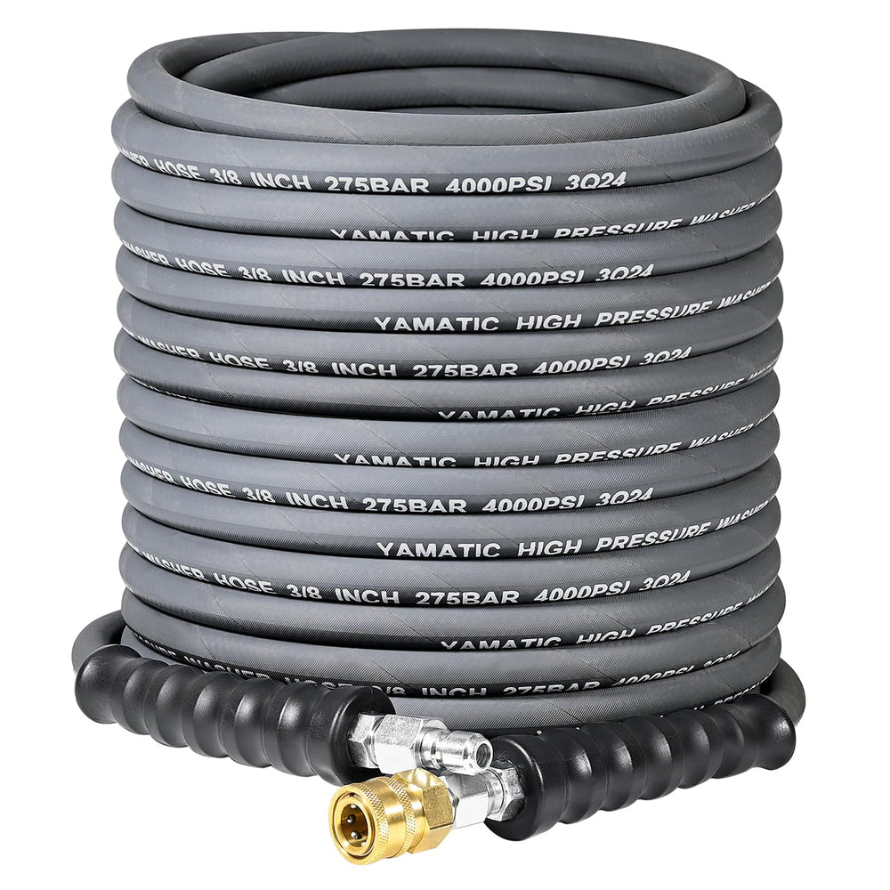YAMATIC front view of 50ft hose showing full length and nonmarking benefits