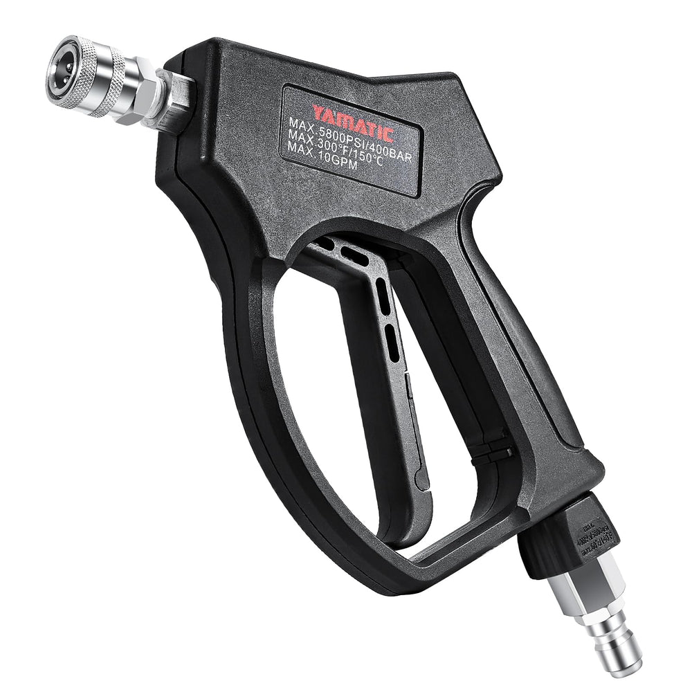YAMATIC front view pressure gun showing robust stainless-steel body and quick-connect benefits
