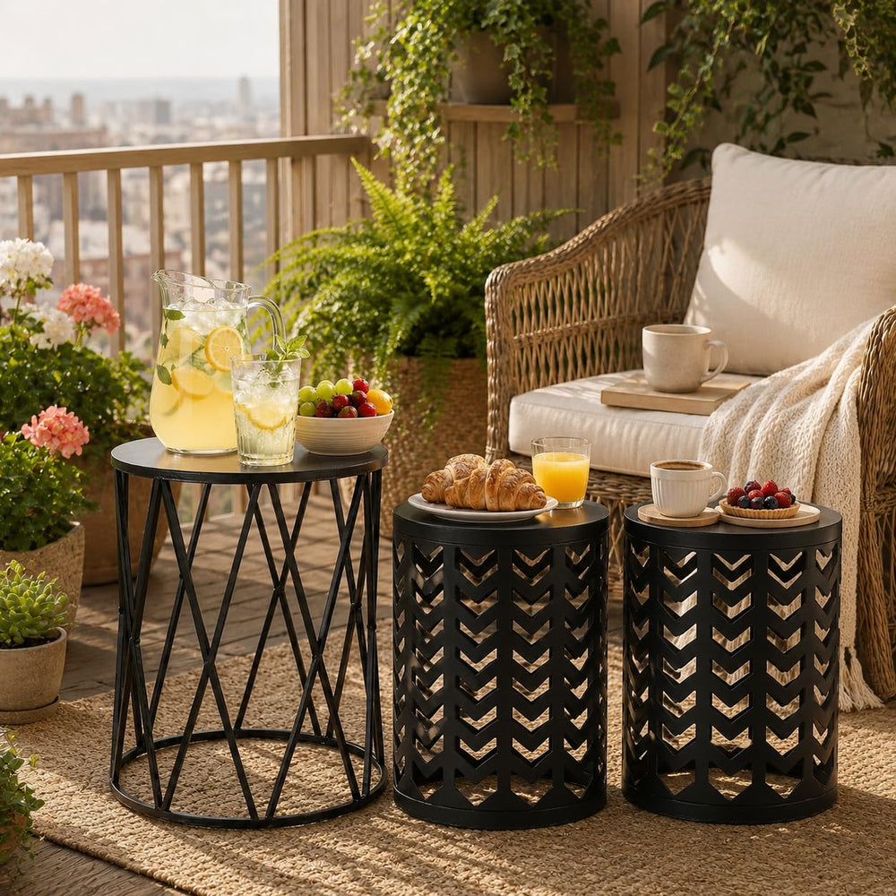 Y&M front view of three black nesting tables showing compact styling and versatility