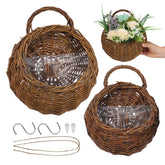 Yardwe front view of two woven hanging baskets showing rustic design and storage benefit
