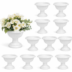 Yardwe front view of twelve white urn planters showing elegant vintage look and easy use