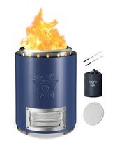 YEFU tabletop fire pit front view showing compact blue finish and stable stand benefit