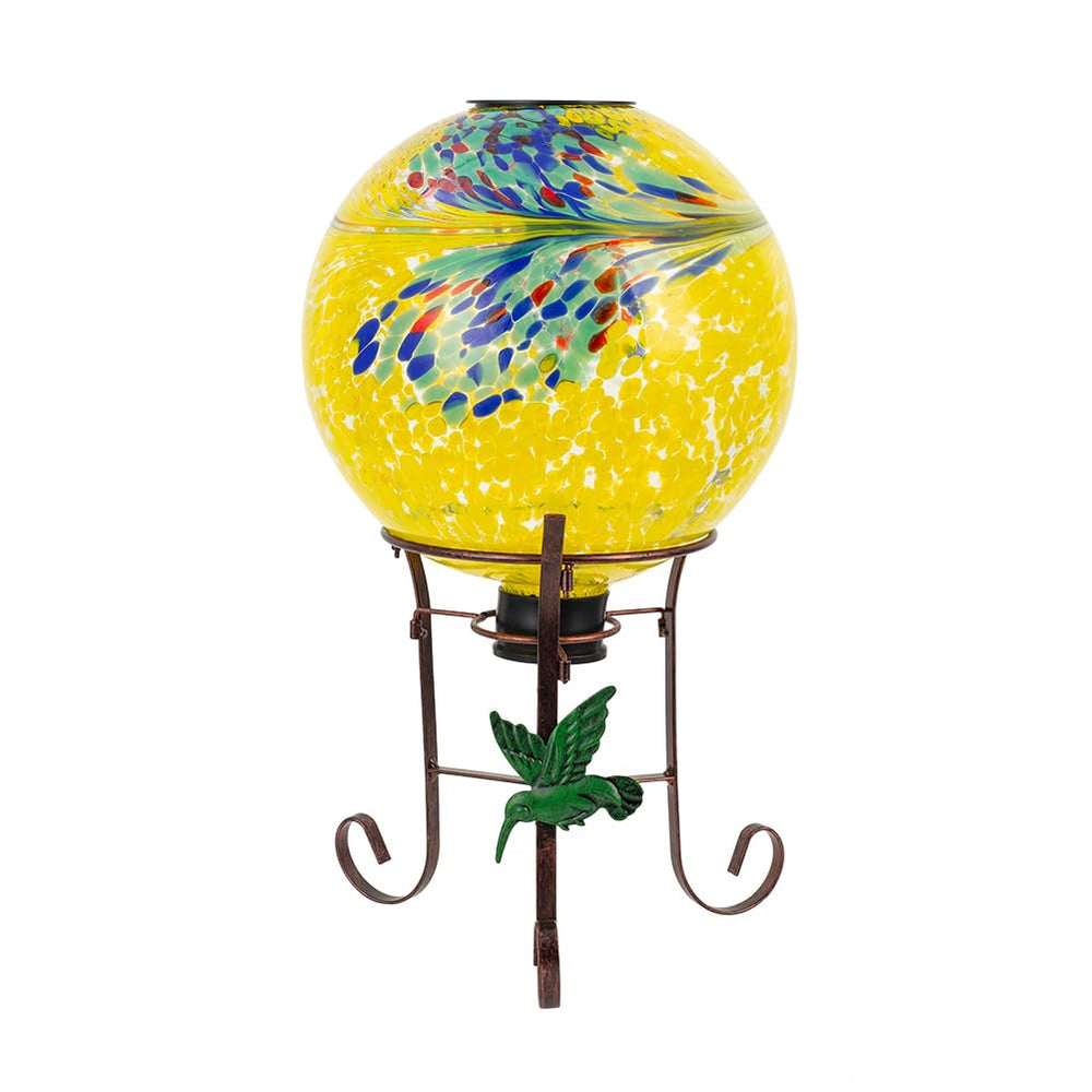 YELENEW front view of yellow glass gazing ball highlighting bright finish