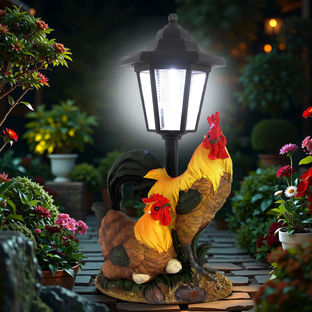 YEPOTUE front view of rooster statue showing lantern and color, adds evening charm
