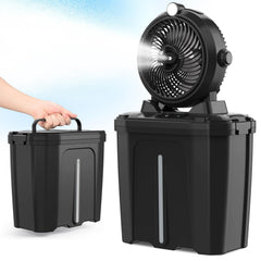 YESERLI front view with water bucket showing portable cooling benefit