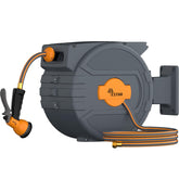 YESTAR front view of retractable hose reel showing compact mounted design and tidy storage