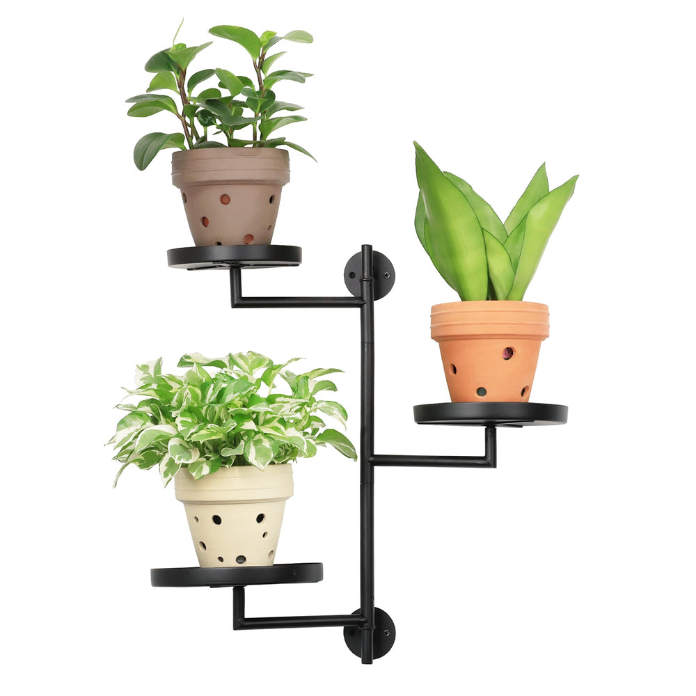 YFFSRJDJ front view of three-tier rotating plant shelf showing organized pots