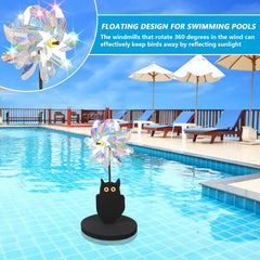 YIBOBO floating pinwheel deployed on pool surface reducing bird landings with motion and shine