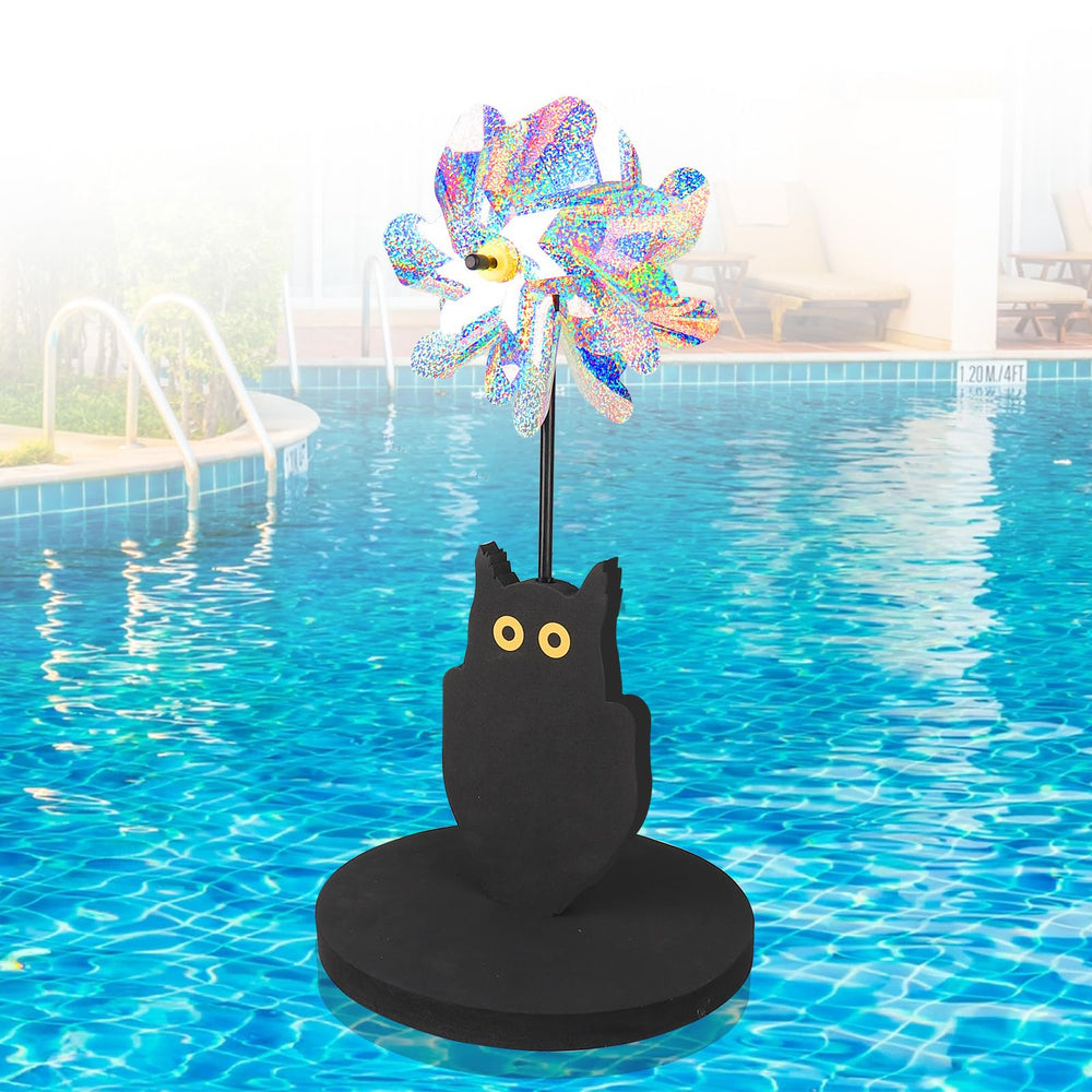 YIBOBO front view of owl-shaped floating pinwheels showing package and visible reflective blades for bird reduction