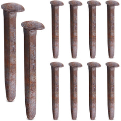Yinkin front view of ten corroded railroad spikes for vintage décor
