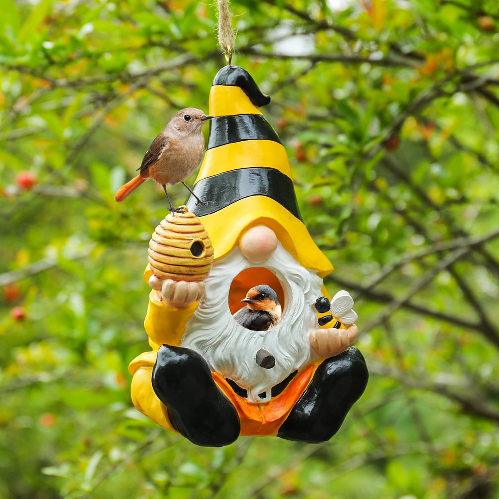 Yinns gnome-style birdhouse front view showing entrance and cozy design benefit shelter