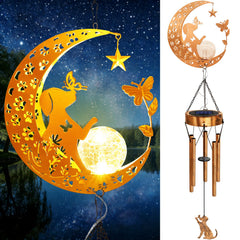 YJFWAL front view of solar moon dog wind chimes showing night glow benefit