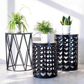 Y&M front view of three black nesting tables showing modern styling and space-saving benefit