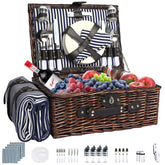 YPshuye wicker picnic basket front view showing blue stripes and neat organization