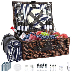 YPshuye wicker picnic basket front view showing blue stripes and neat organization