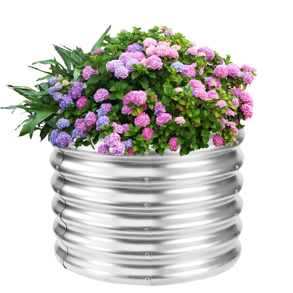YSEJOMP front view of silver round raised bed showing durable finish and modern look