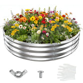 YSEJOMP front view of round galvanized raised bed showing clean silver finish and shape
