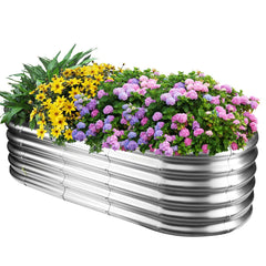 YSEJOMP front view of oval raised bed showing footprint and silver finish benefits