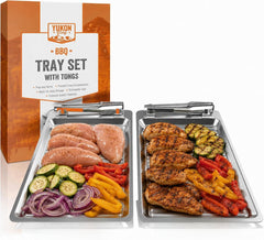 Yukon Glory front view of tray set showing two color-coded trays and tongs, durable prep solution