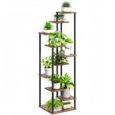 Yzosvki front view showing rustic brown shelves and black frame benefit stylish display