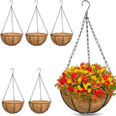 ZeeDix front view of six metal hanging baskets showing coordinated outdoor display and curb appeal