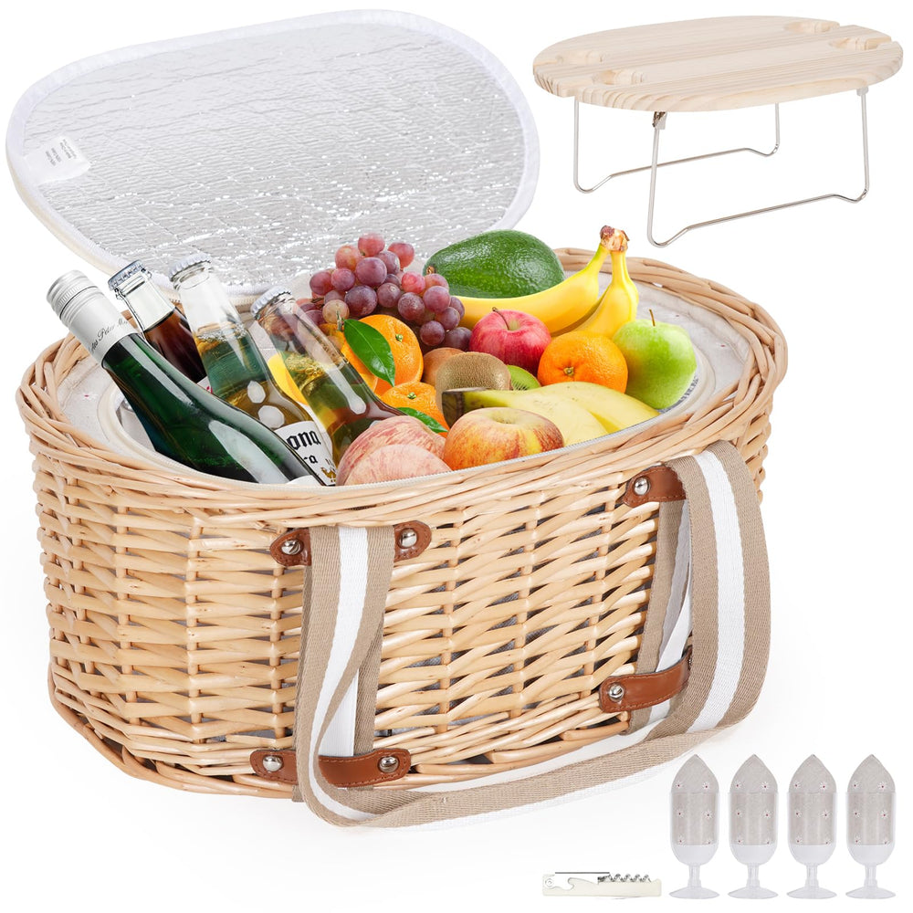 Zettfuly front view wicker basket showing complete picnic set and portability benefits
