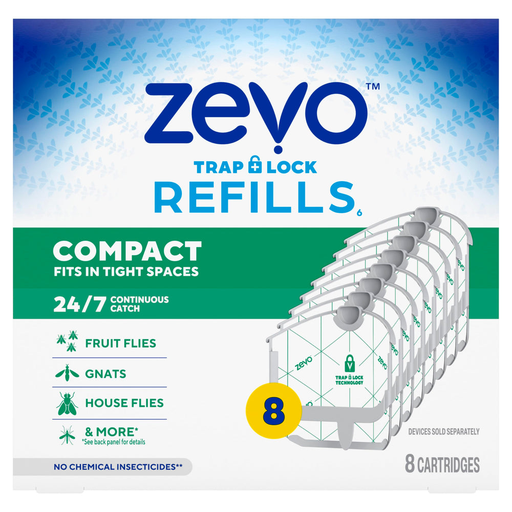 ZEVO front-packaging showing eight refill cartridges and clear labeling for convenience