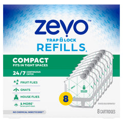 ZEVO front-packaging showing eight refill cartridges and clear labeling for convenience
