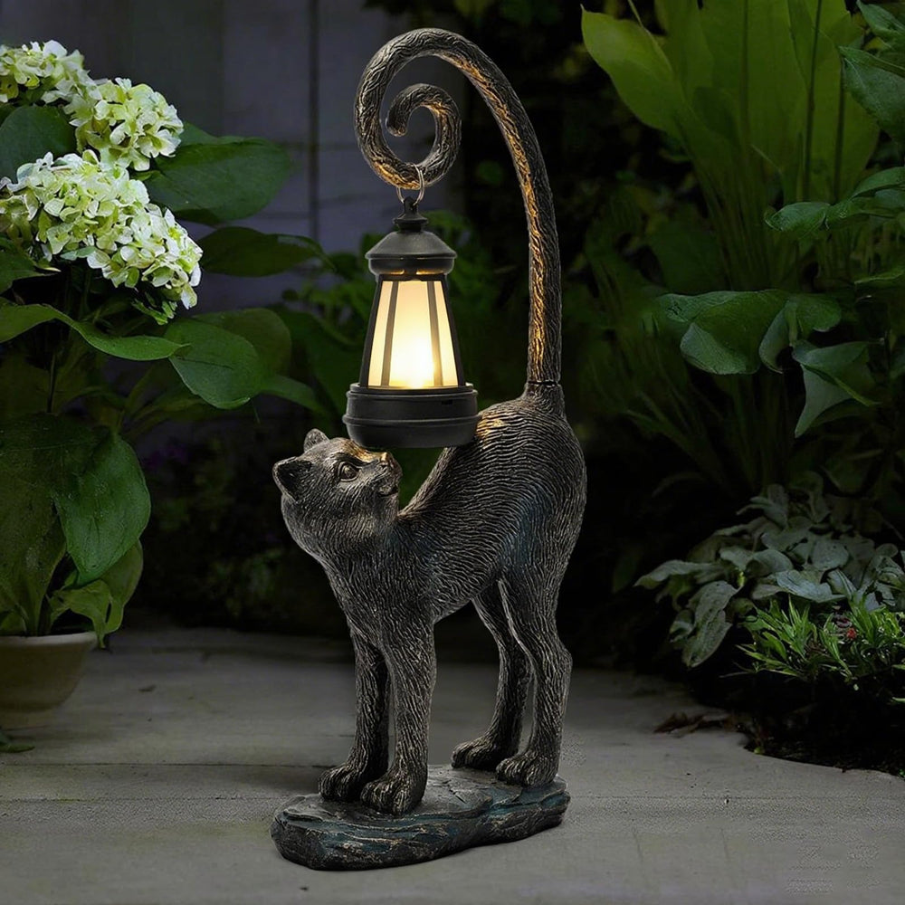 ZioWio black cat statue front view showing lantern and decorative pose for curb appeal