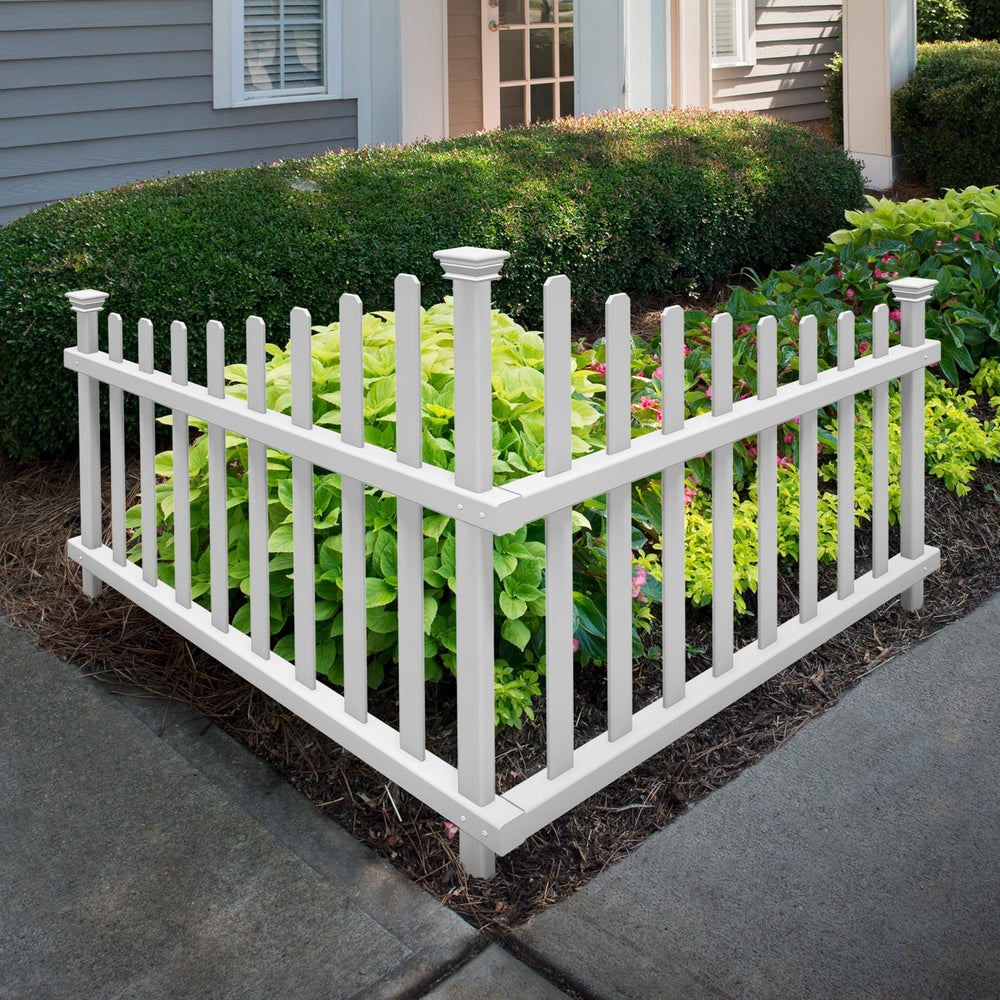 Zippity Outdoor Products front view of white Ashley corner picket fence showing tidy border benefit