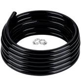 ZY-hosetube front view of coiled 25 ft black vinyl tubing showing product and included clamps benefit durable use