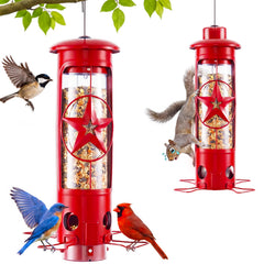 ZZOOEE front view red tube feeder showing bird ports and roof benefit: easy spotting